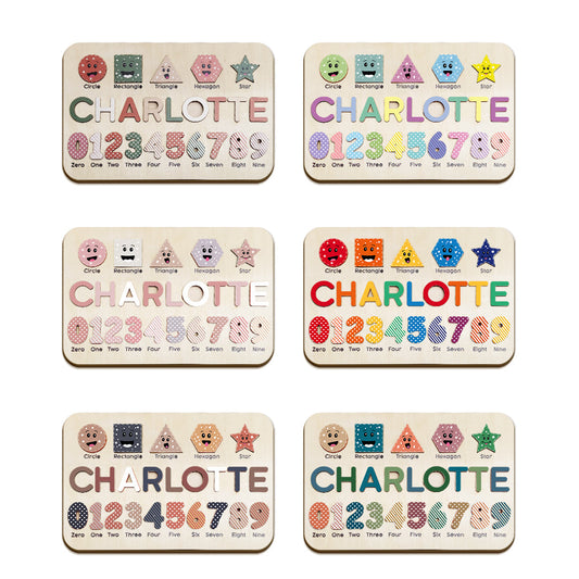 Set of five educational children's name boards with numbers and shapes on a white background