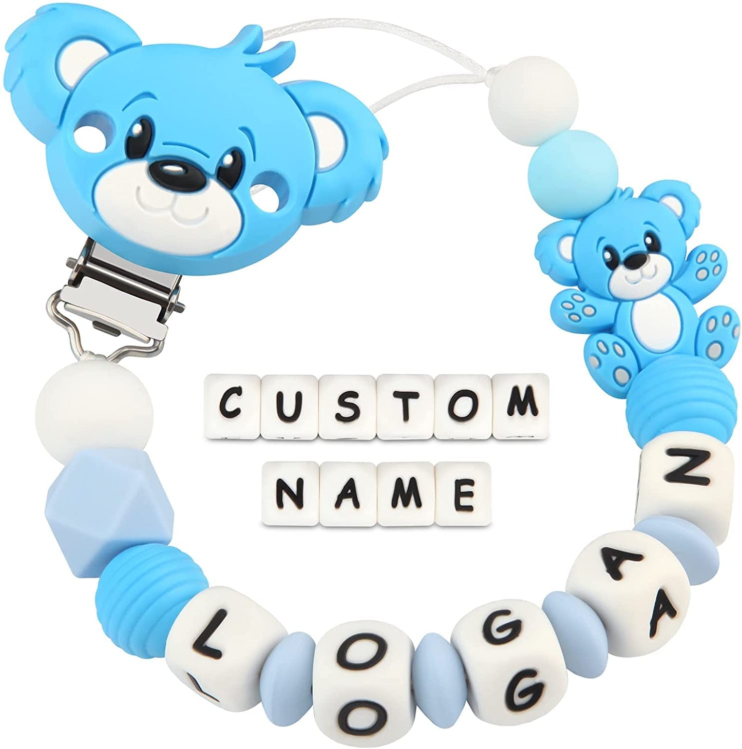 Blue teddy bear-shaped teether with letter beads and a clip, on a white background.