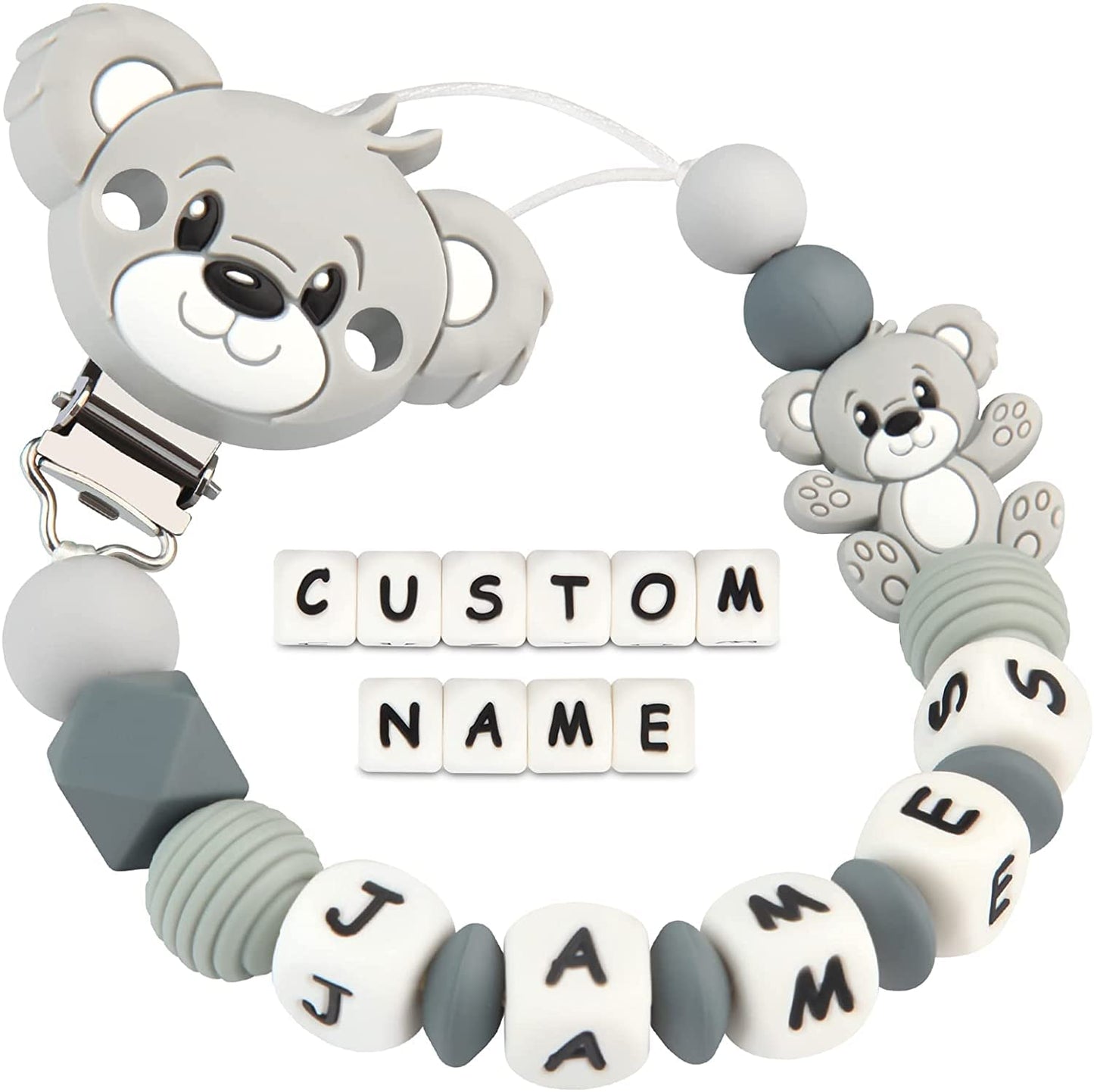 Teething bracelet with bear design and customizable name on a white background