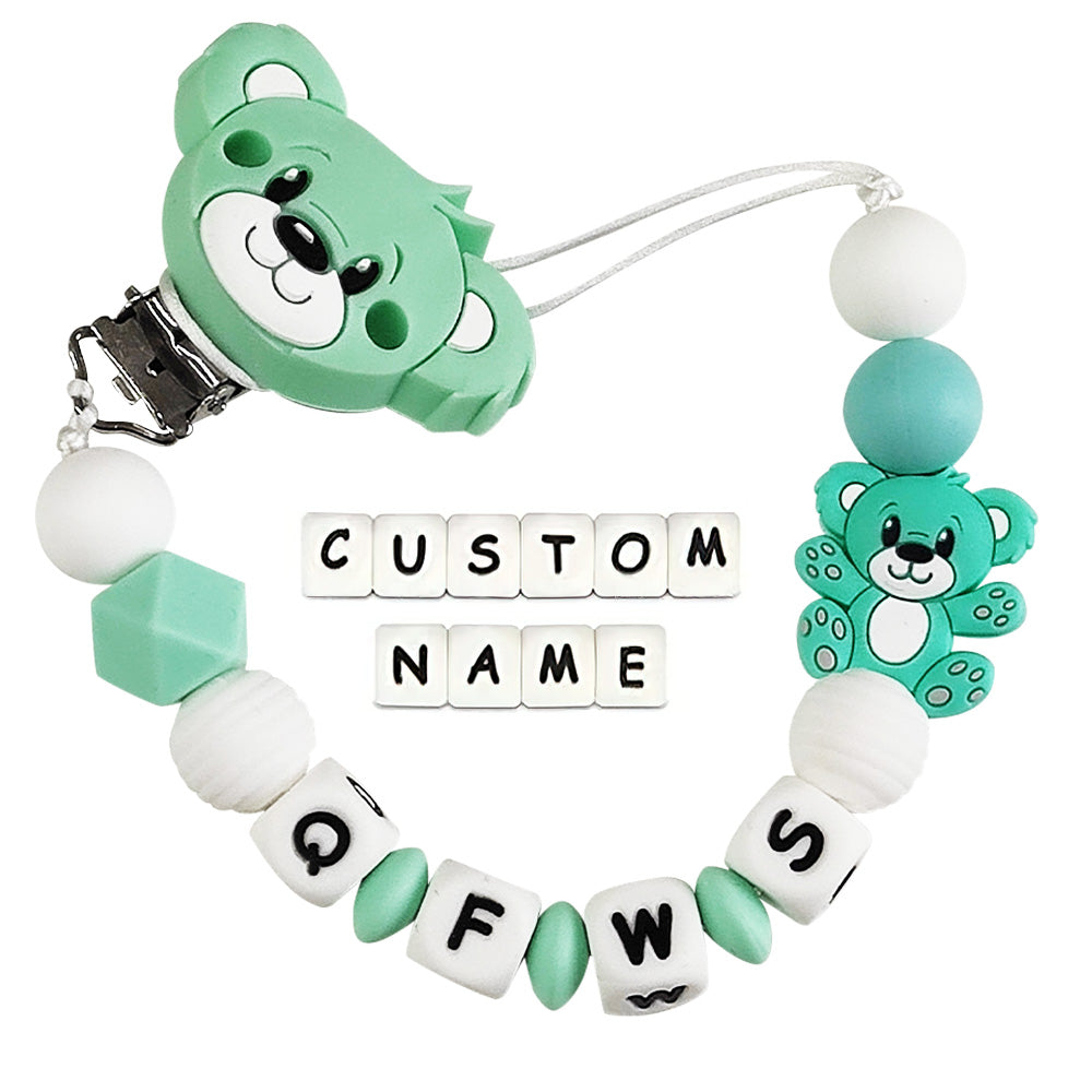 Teething toy with customizable name on a white background