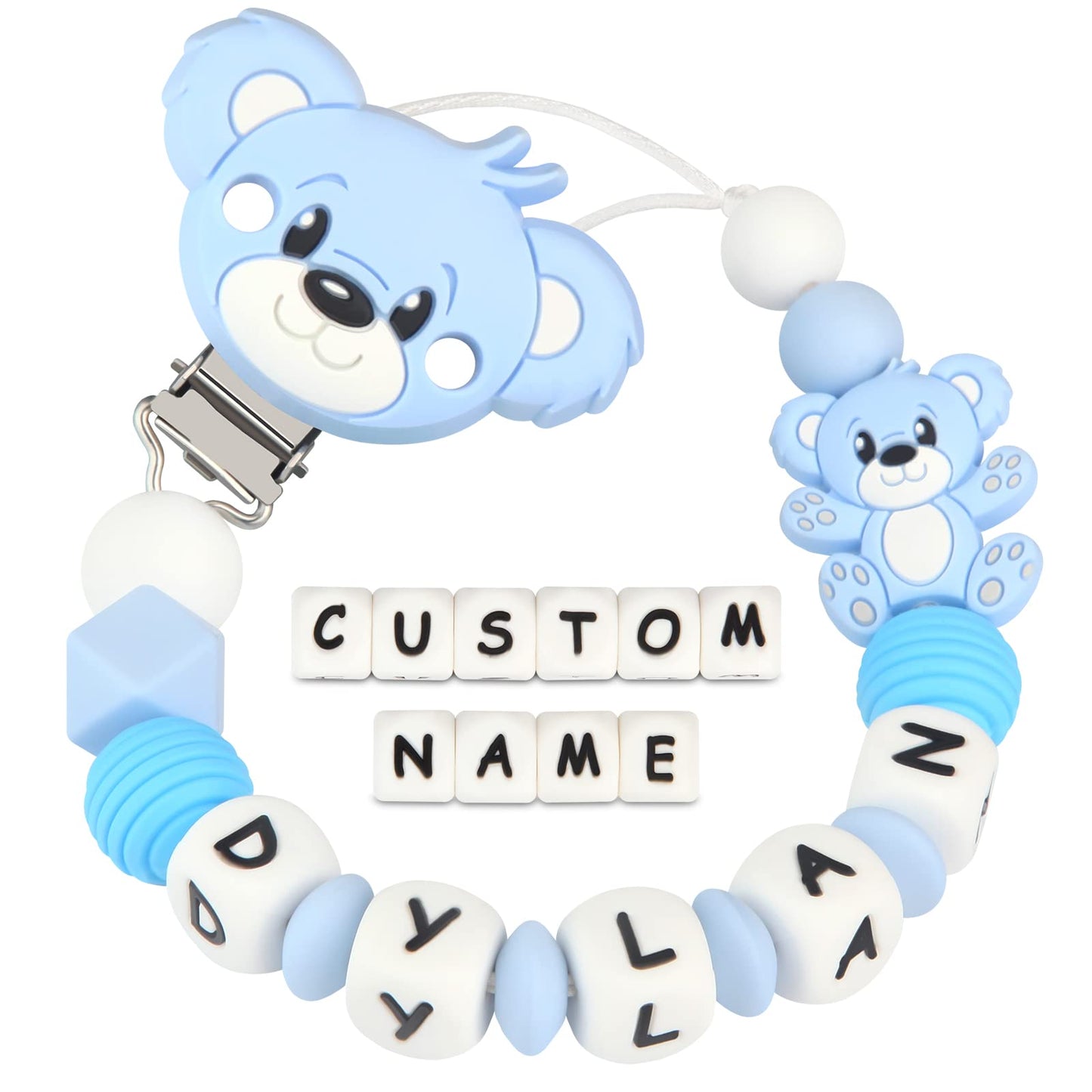 Blue bear-shaped teether with customizable name on a white background