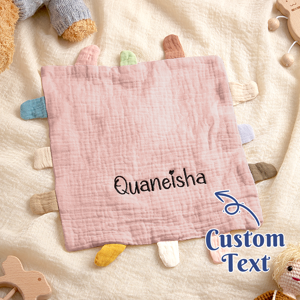 Pink textured blanket with embroidered name 'Quaneisha' on a soft surface with toys.