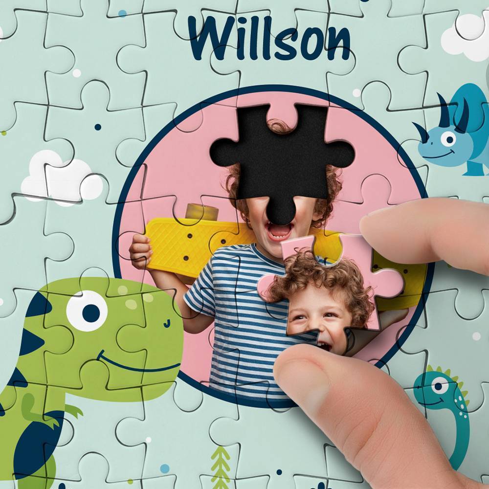 Children's puzzle with a photo of two children holding a mask, featuring the name 'Willson'.