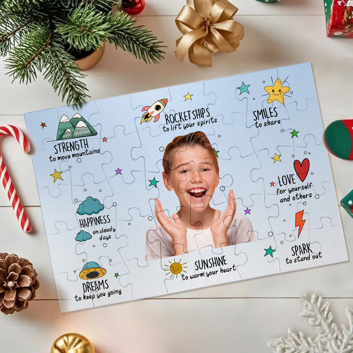 A completed jigsaw puzzle featuring a smiling child in the center surrounded by holiday-themed illustrations and positive phrases, styled on a light surface with candy canes, pine branches, ornaments, and a gold bow.