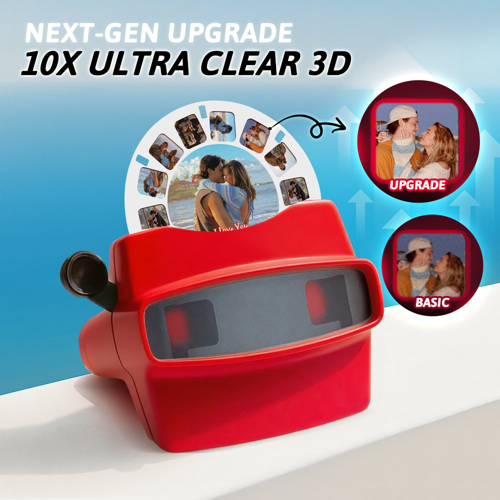 Red 3D viewer with 'Next-Gen Upgrade' text and 10x ultra clear 3D claims on a blue background.