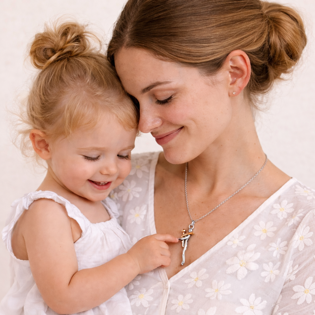 Woman and child in white clothing with a necklace featuring a cross pendant.