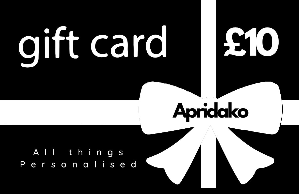 Gift card with a white bow and 'Apridako' branding on a black background