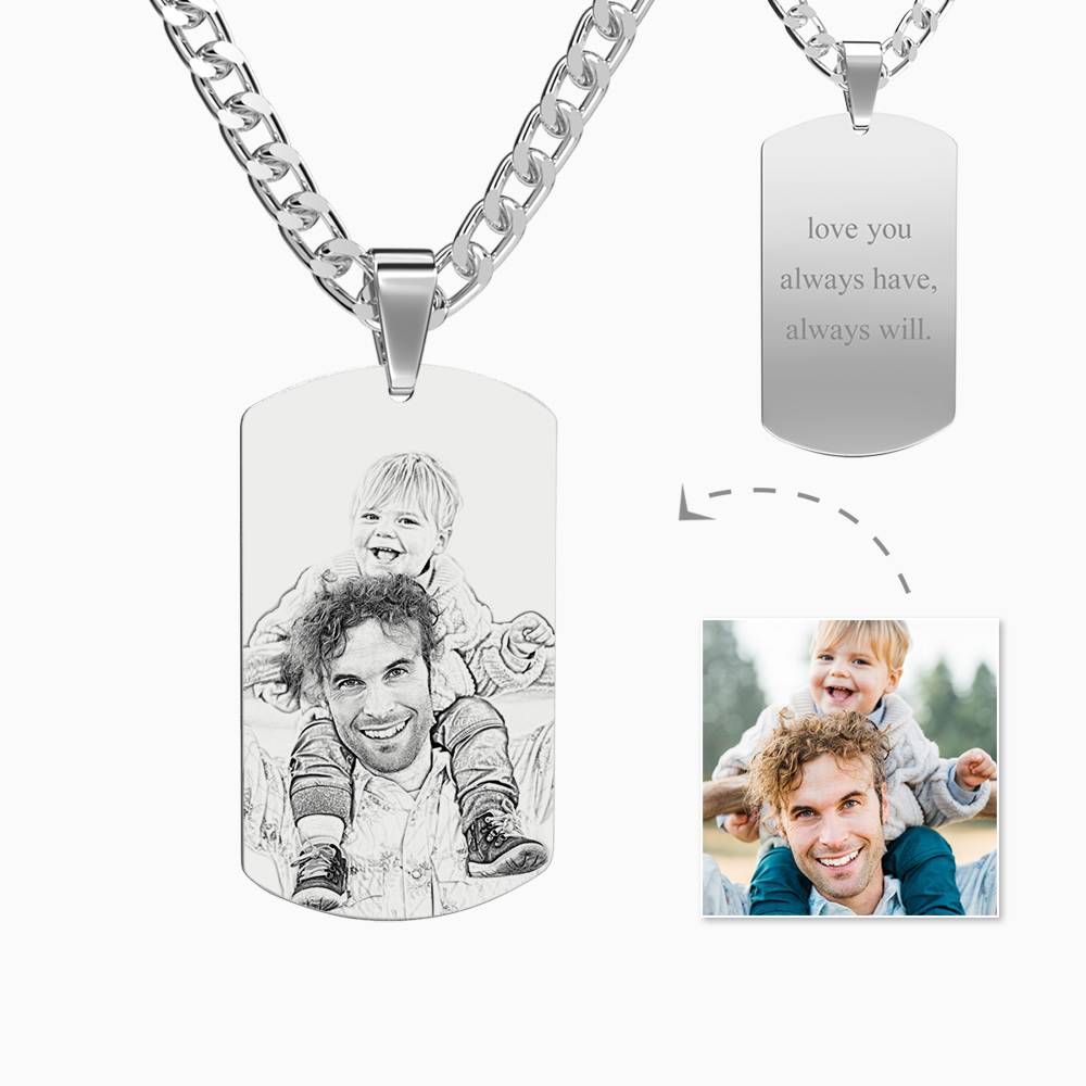 Two silver dog tag necklaces with engraved text and family photo on a white background