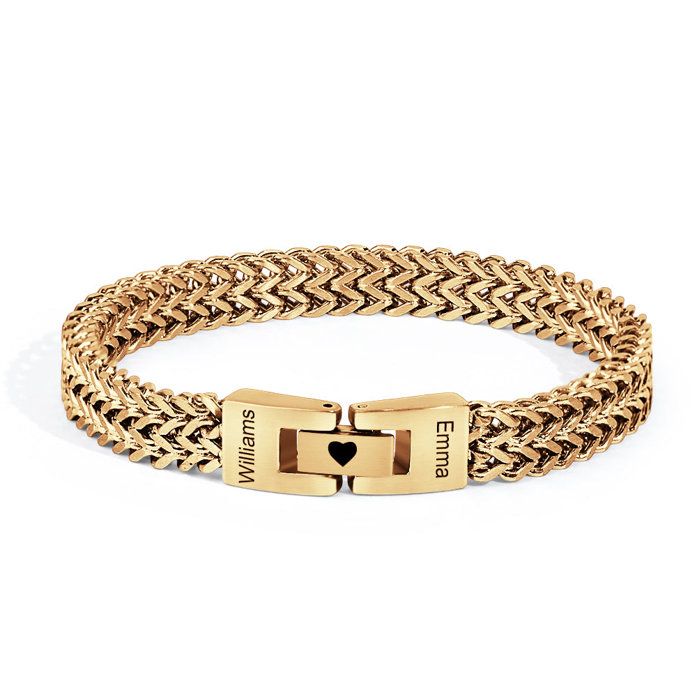 Gold braided bracelet with a clasp on a white background