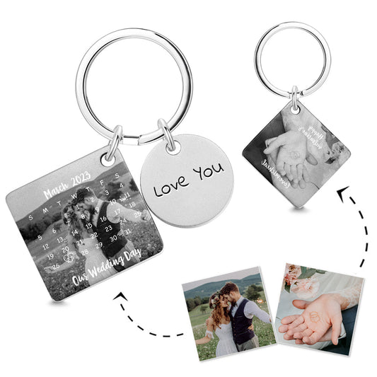 Two keychains with photos and text on a white background