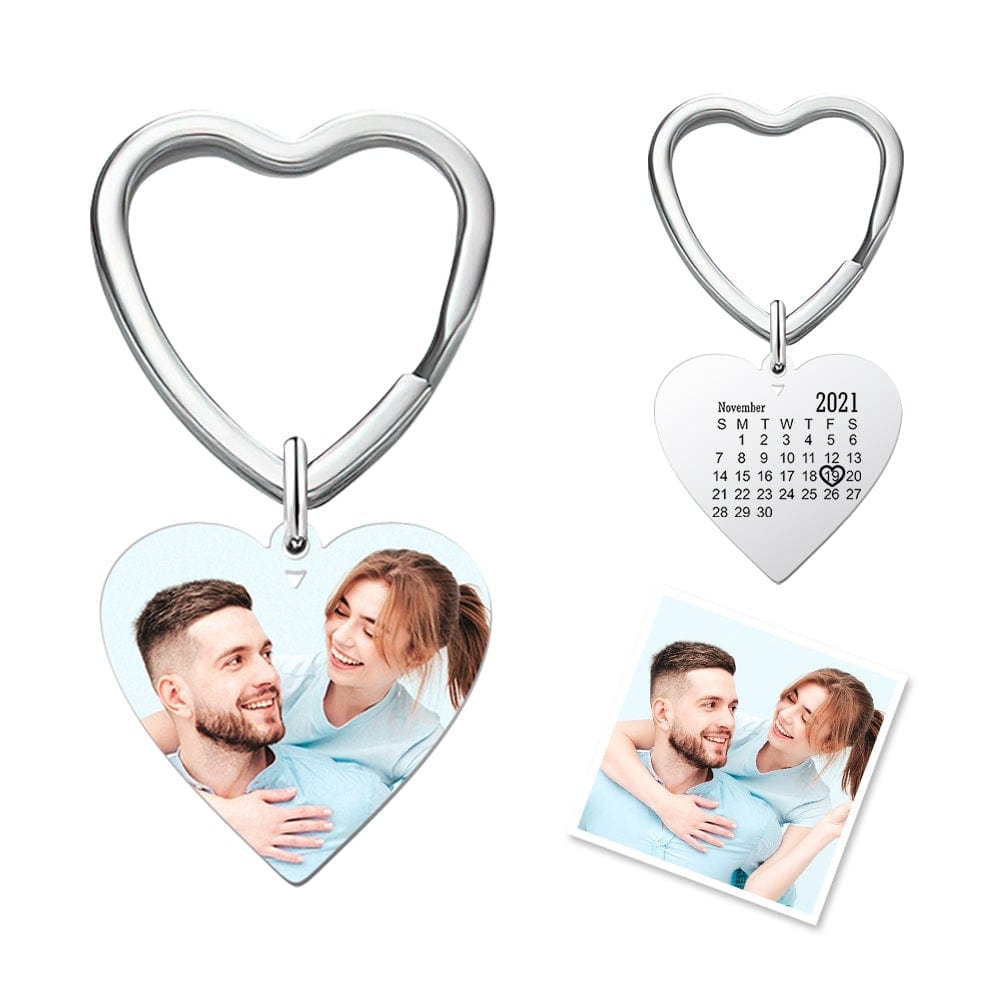 Heart-shaped keychain with personalized photo and calendar