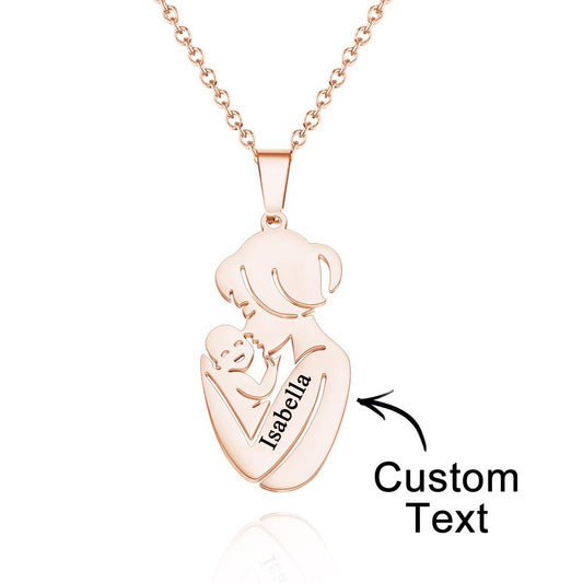 Rose gold necklace with a pendant shaped like a mother holding a child, engraved with 'Isabella'.