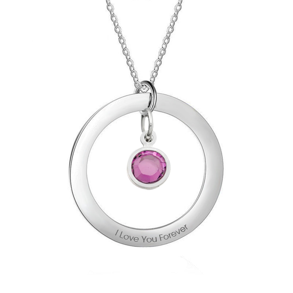 Silver necklace with a pink gemstone and 'I Love You Forever' engraving on a white background