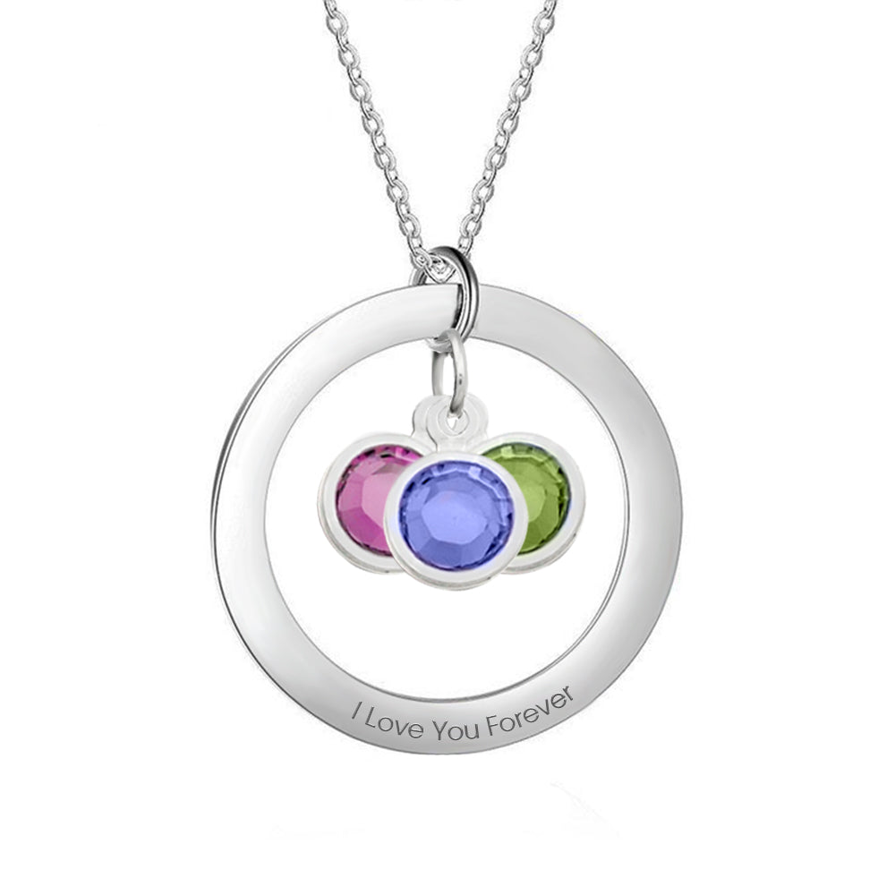 Silver necklace with three colored stones and 'I Love You Forever' engraving on a white background