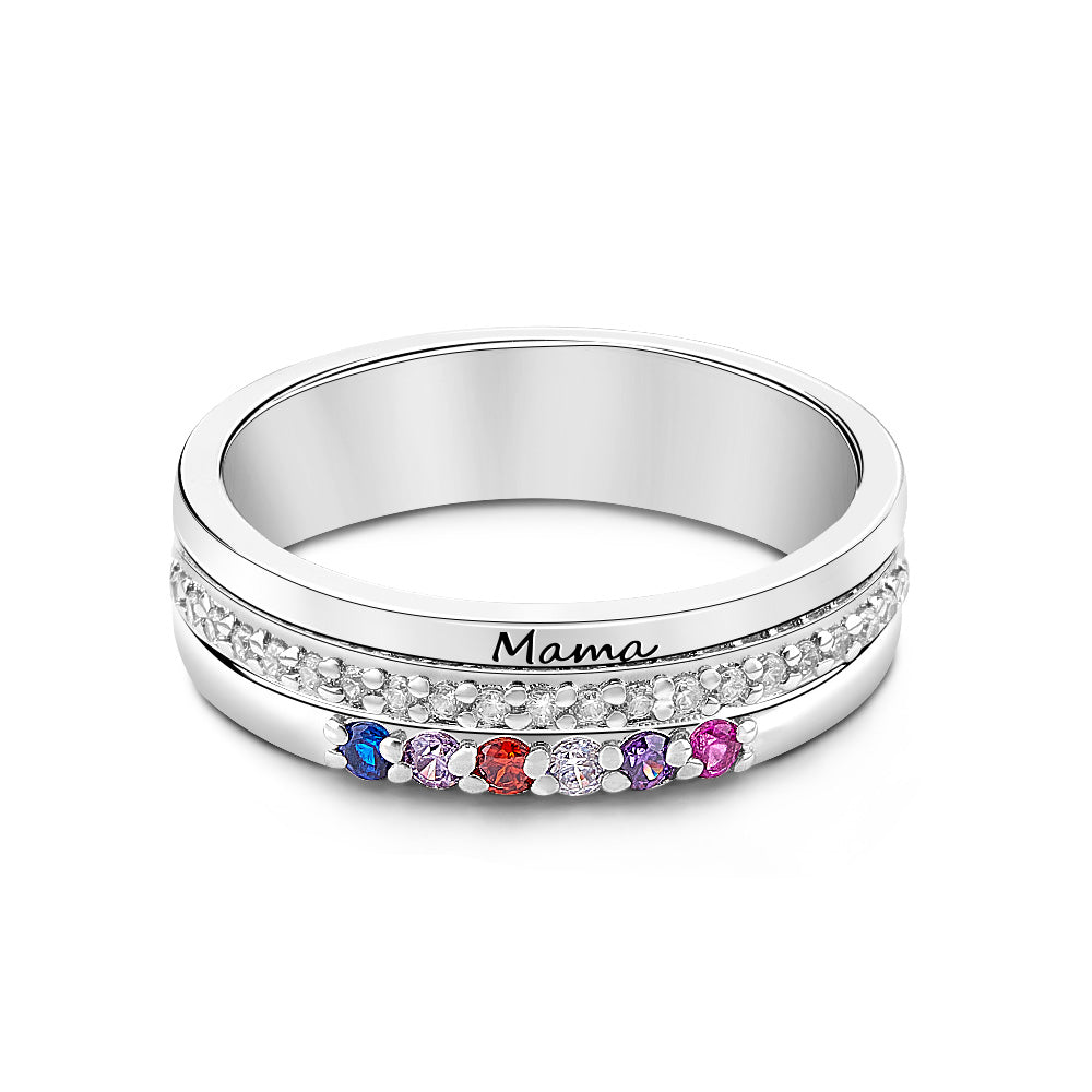 Silver ring with 'Mama' engraving and colorful gemstones on a white background