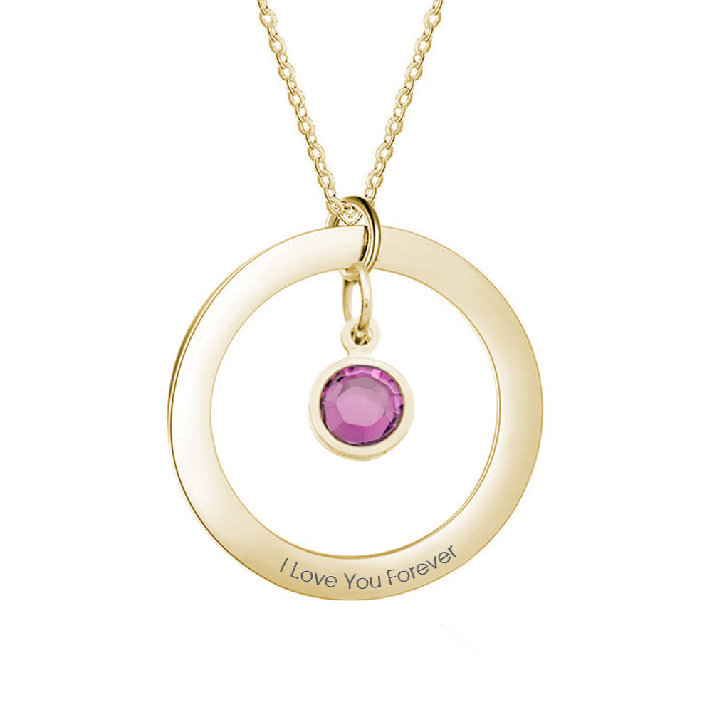 Gold necklace with a circular pendant featuring a purple gemstone and 'I Love You Forever' engraving on a white background.