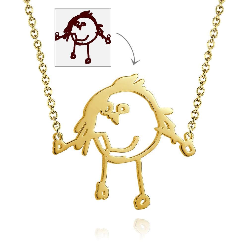 Gold necklace with a cartoonish chicken pendant on a white background