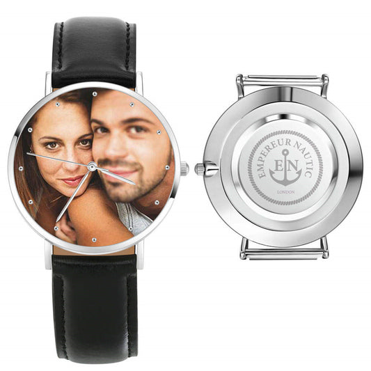Wristwatch with personalized photo on one side and brand logo on the other, on a white background.