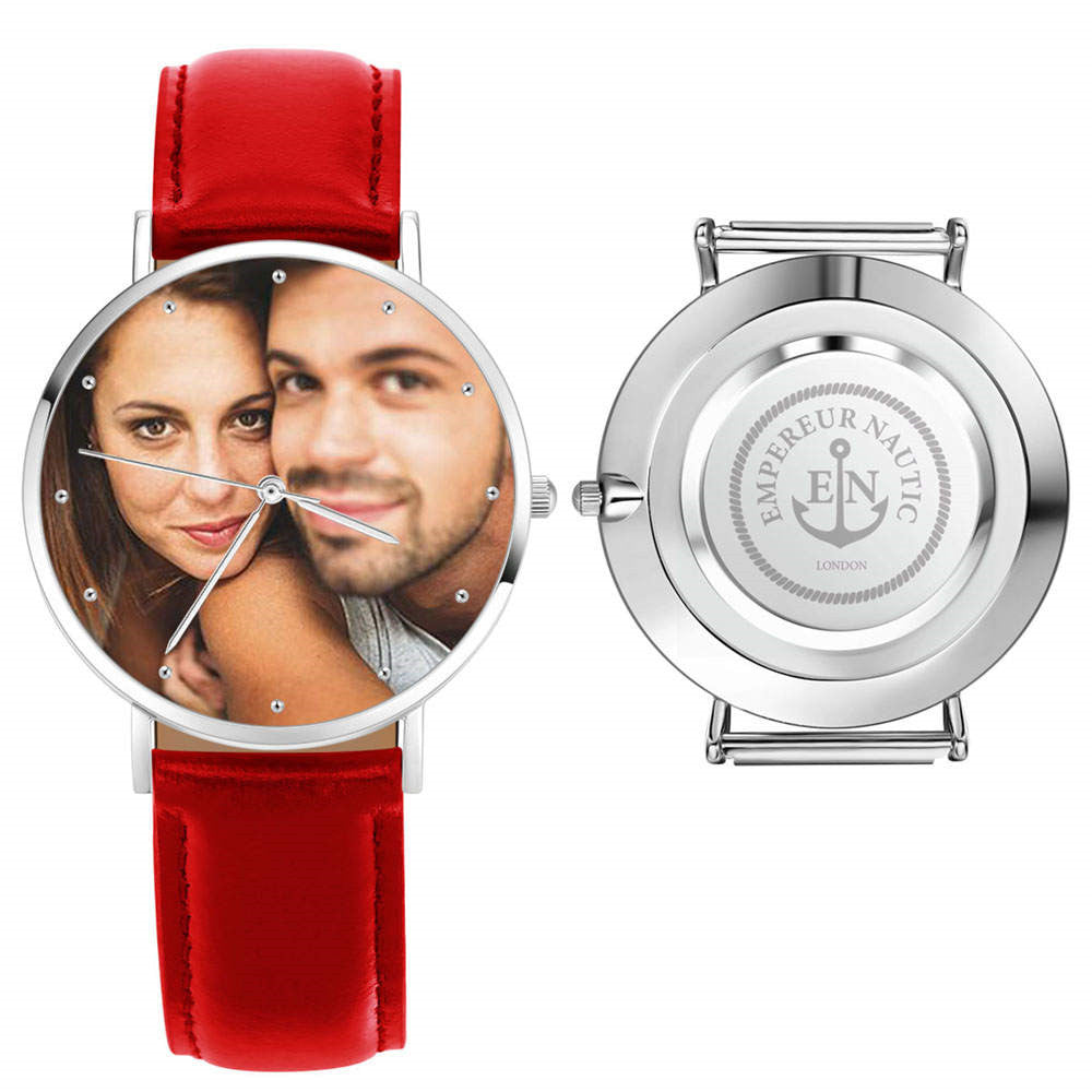 Watch with red strap and personalized face on face, brand 'Emperina' visible