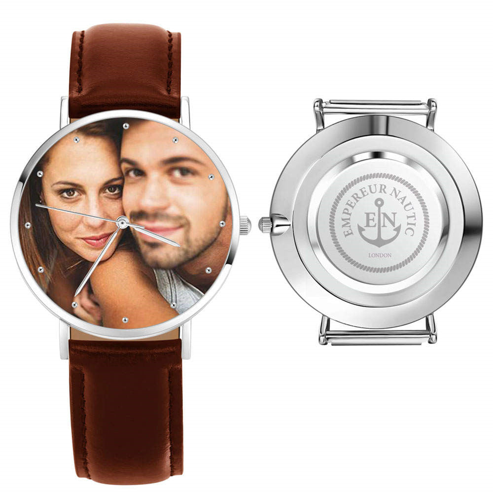 Watch with brown leather strap and personalized face on the dial, brand 'Empero Nautic' visible.