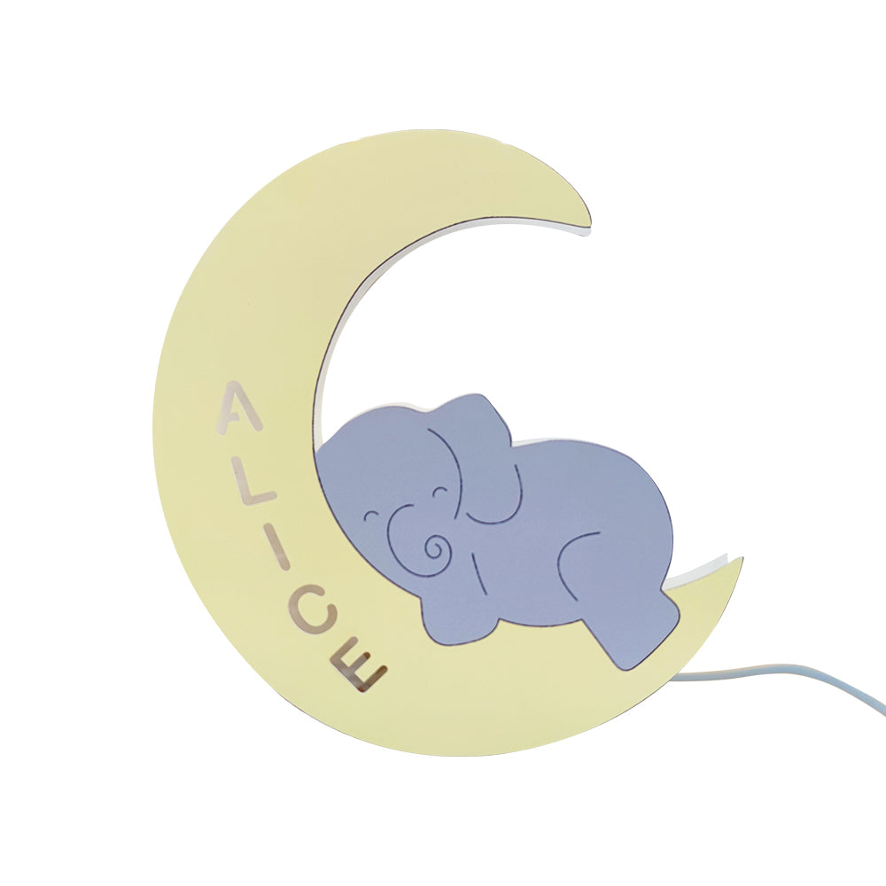 Children's night light with a blue elephant and yellow crescent moon, personalized with 'ALICE'.