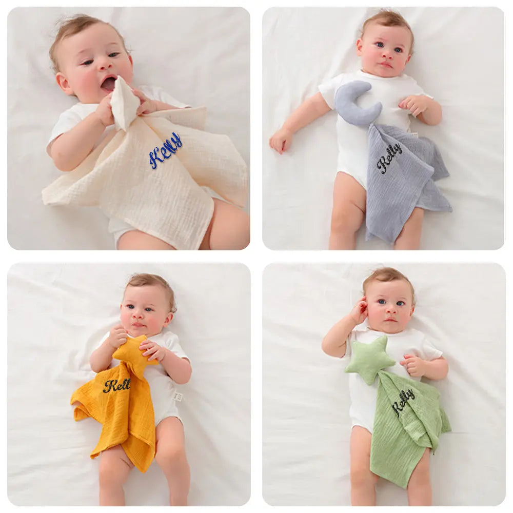 Collage of a baby holding different colored towels with 'Kelly' embroidered on them.