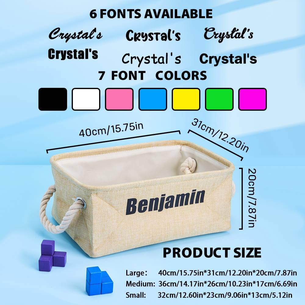 Product size chart with a beige storage basket labeled 'Benjamin' on a light blue background.