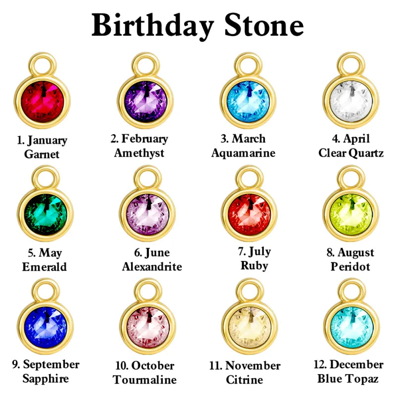 Chart of birthstones with corresponding months and gold pendants.