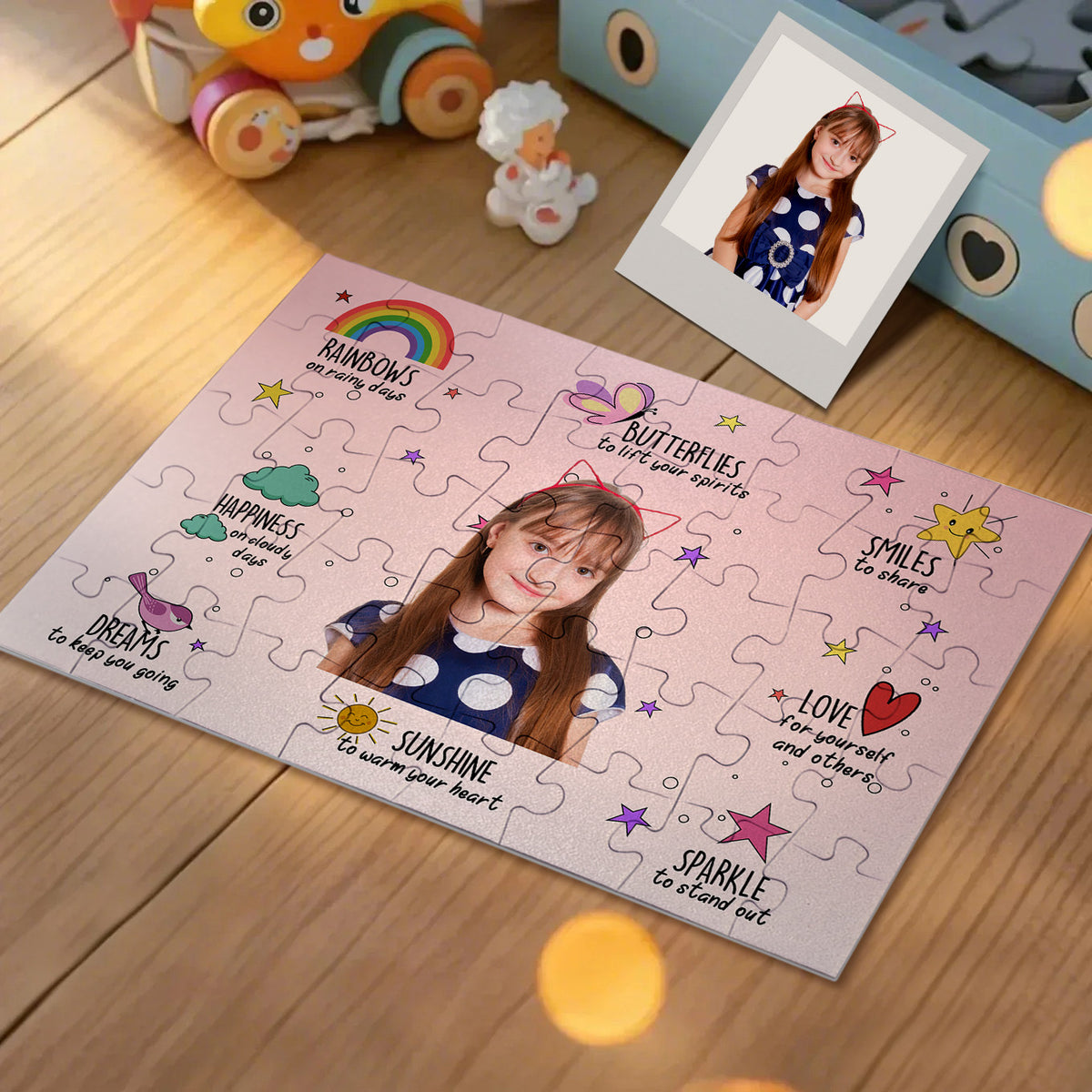 A rectangular custom jigsaw puzzle featuring a printed portrait of a young girl surrounded by colorful doodles and positive words like 'Rainbows', 'Butterflies', 'Smiles', and 'Love', displayed on a wooden floor next to a photo frame and toys.