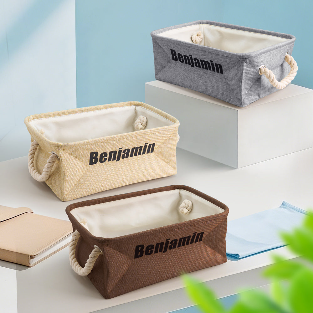 Three storage baskets with 'Benjamin' branding on a light surface.