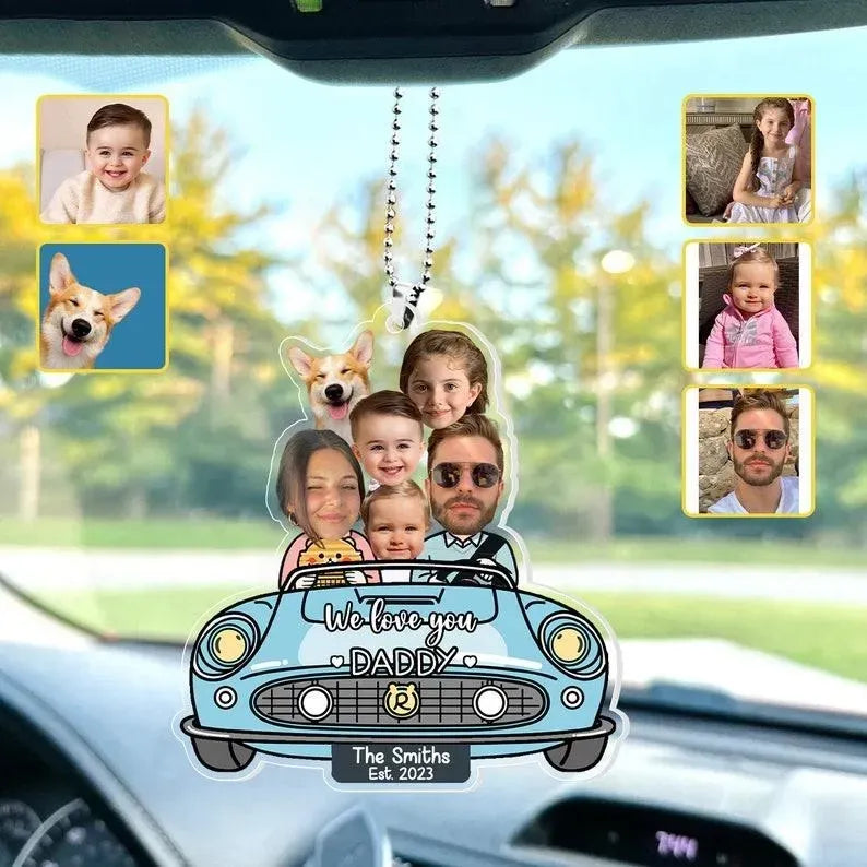 Car mirror hanging with personalized photo collage of a family and dog, with text 'We love you DADDY'.