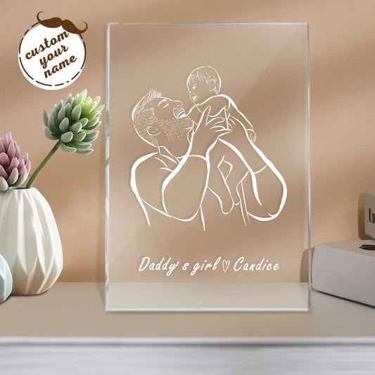 Glass plaque with a father and child illustration and 'Daddy & girl Candice' text, on a neutral background.