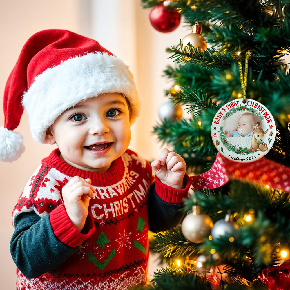 Personalised Baby's First Christmas Ornament with Photo & Name Ceramic