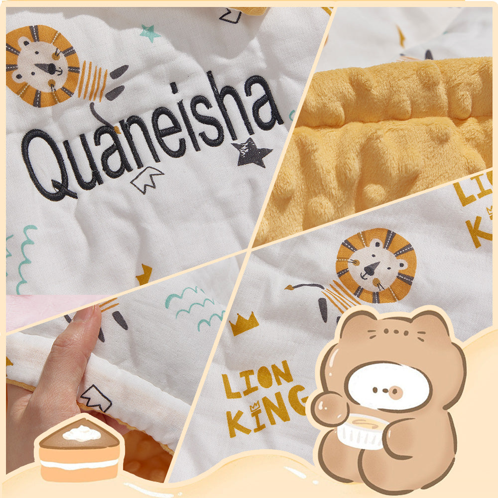 Collage of baby blankets with 'Quaneisha' branding and cartoon designs.