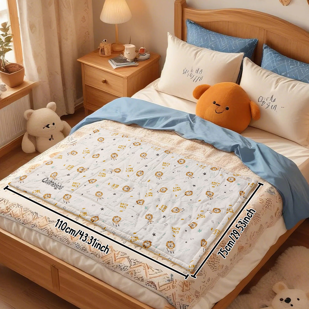 Bed with floral-patterned mattress cover, blue blanket, and decorative pillows in a bedroom setting.
