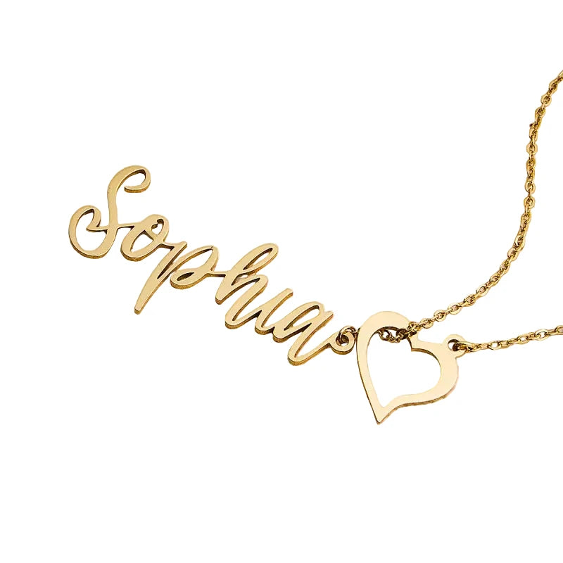 Gold necklace with 'Sophia' pendant on a beige background
