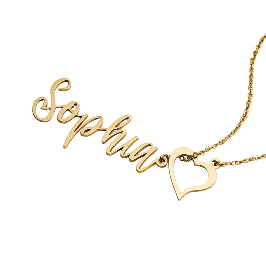 Gold necklace with 'Sophia' pendant on a beige background