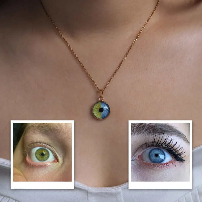 Necklace with a pendant featuring eye designs worn by a person, with close-up insets of eyes.