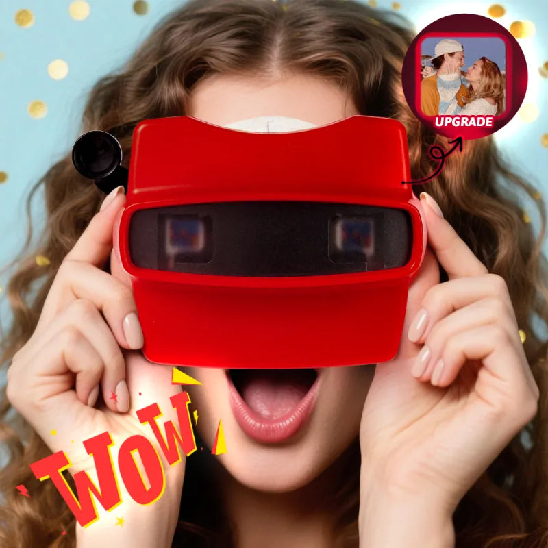 Person holding a red vintage camera with a blue background and 'WOW' text