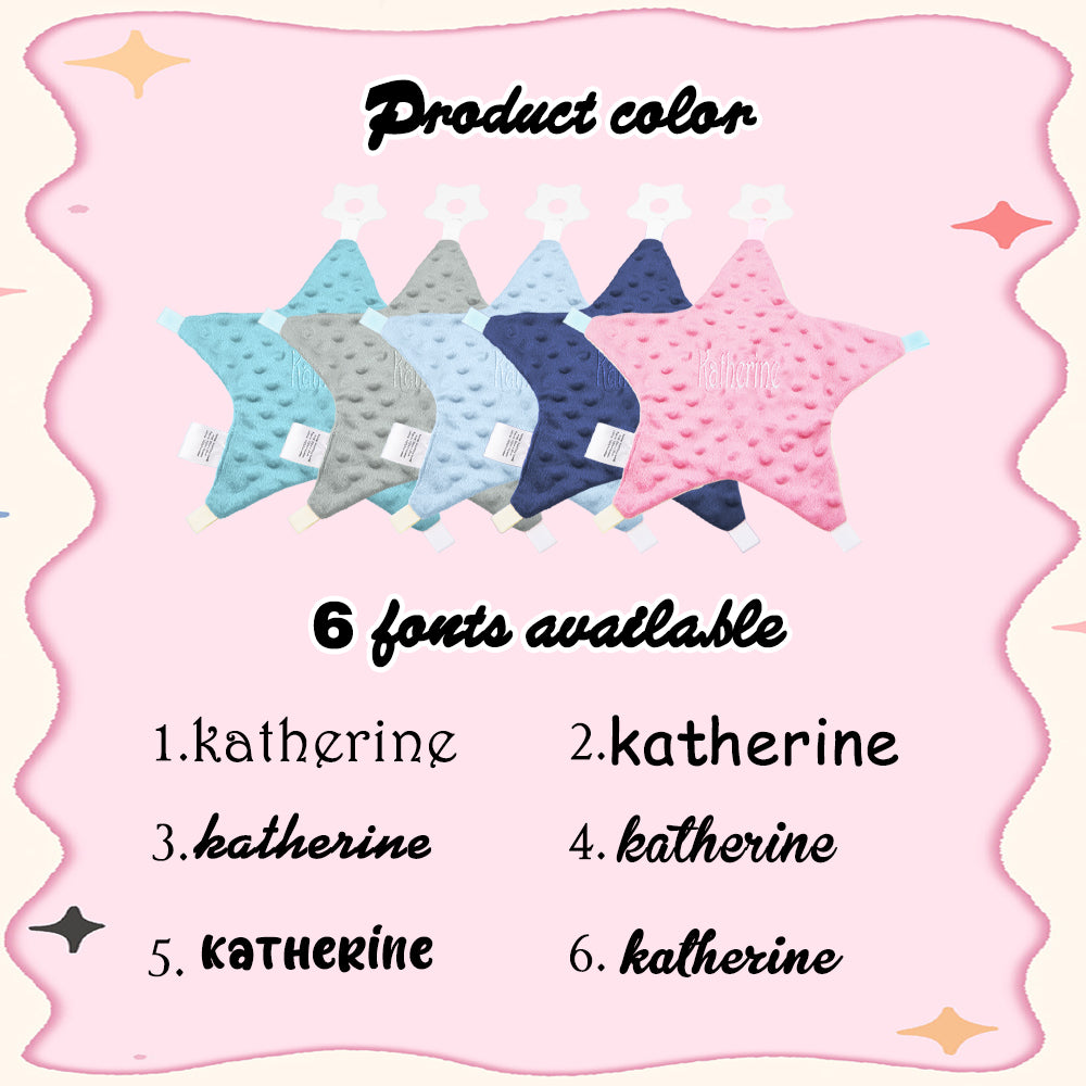 Star-shaped products with labels on a pink background, featuring text about product colors and fonts.