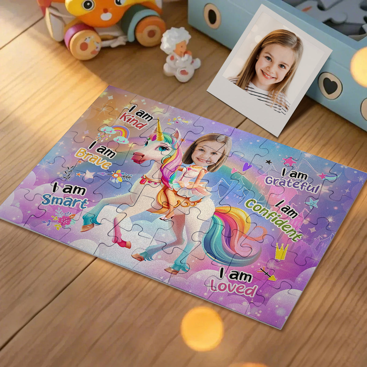 A completed personalized children's jigsaw puzzle on a wooden floor, featuring a unicorn, a smiling girl, and positive self-affirmations like 'I am smart', 'I am brave', and 'I am grateful'. A small photo of the child is propped next to it.