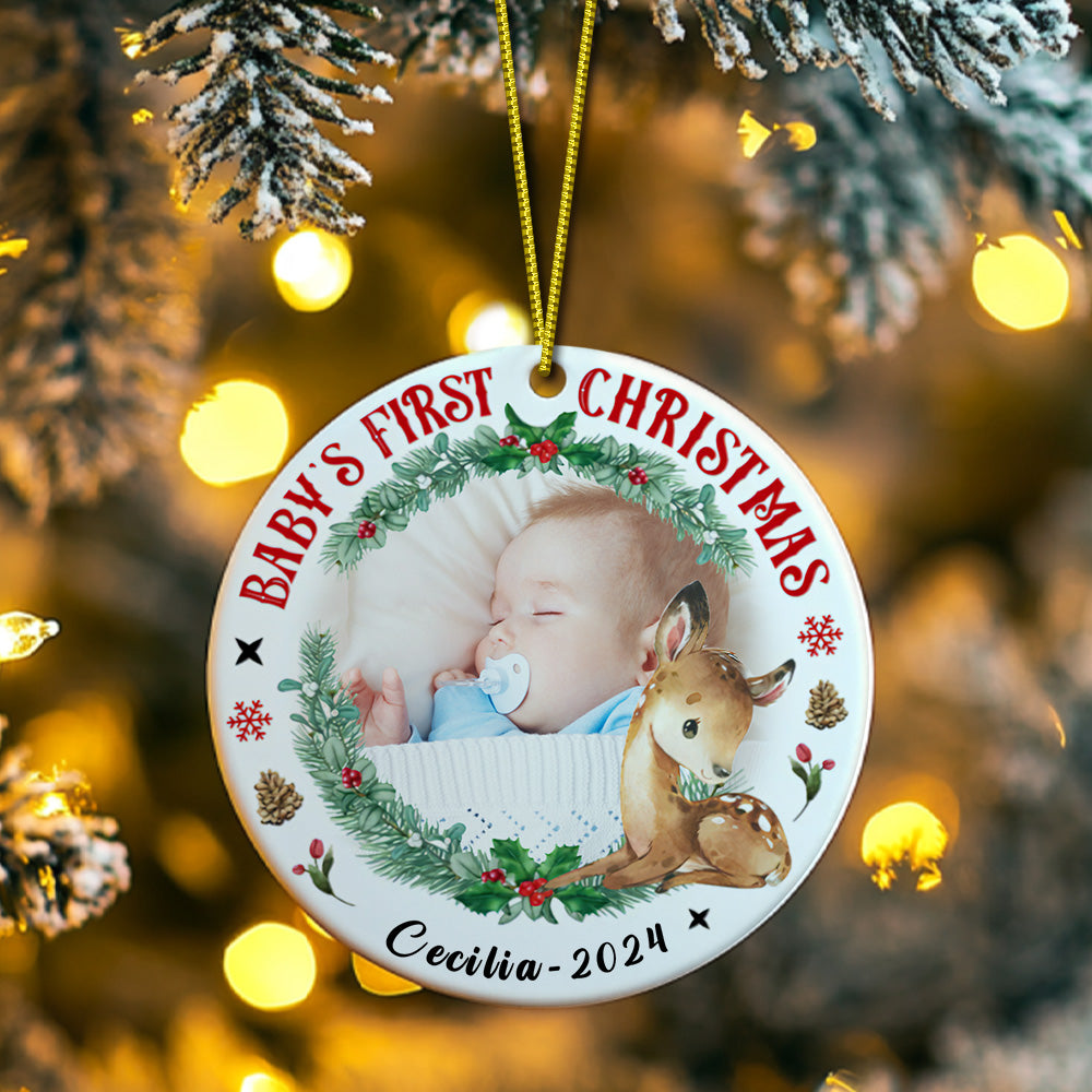 Personalised Baby's First Christmas Ornament with Photo & Name Ceramic
