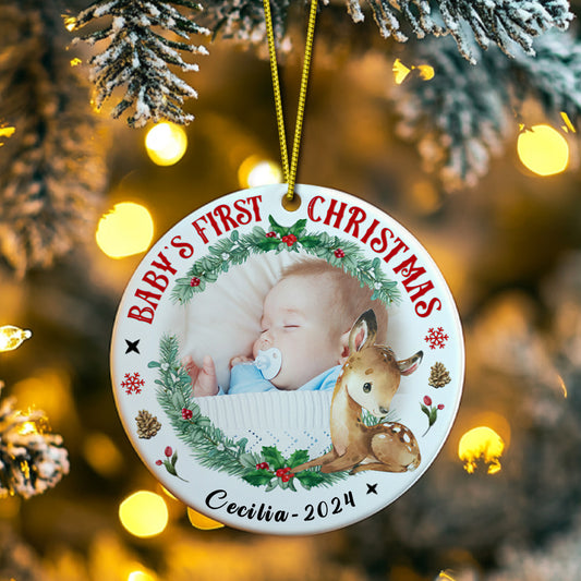 Personalised Baby's First Christmas Ornament with Photo & Name Ceramic