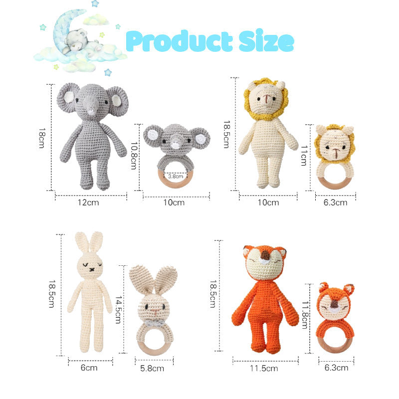 Sizes of various crochet toys including an elephant, mouse, lion, rabbit, and fox with their dimensions.