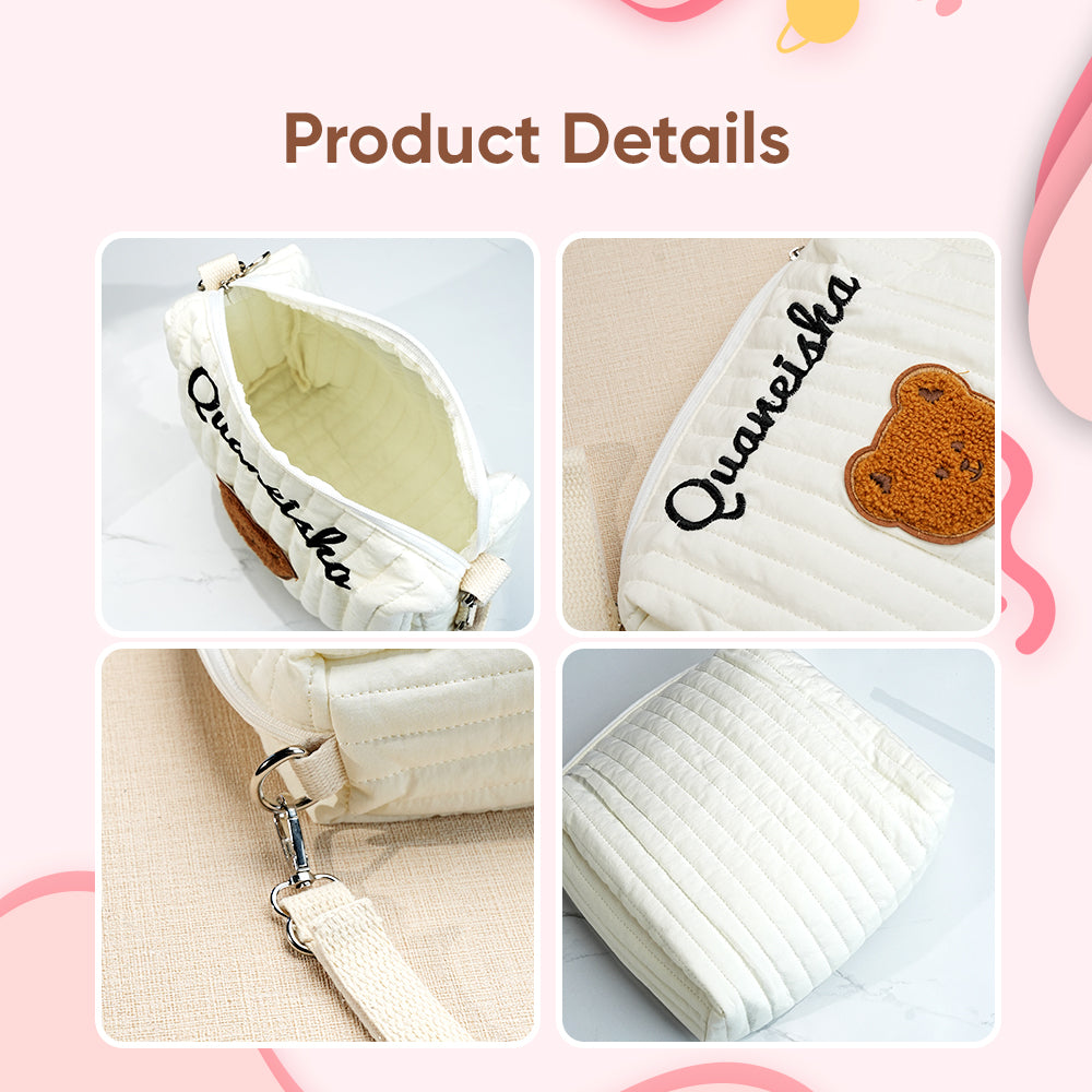 Product details of a white pouch with 'Quaneisha' branding and bear design on a light pink background.