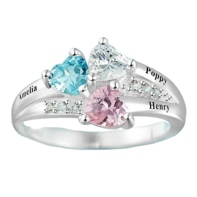 Personalised Heart Birthstone Ring with Engraved Names