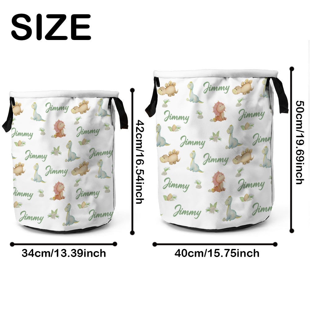 White laundry basket with cartoon characters and 'Jimmy' text, shown with dimensions on a white background.